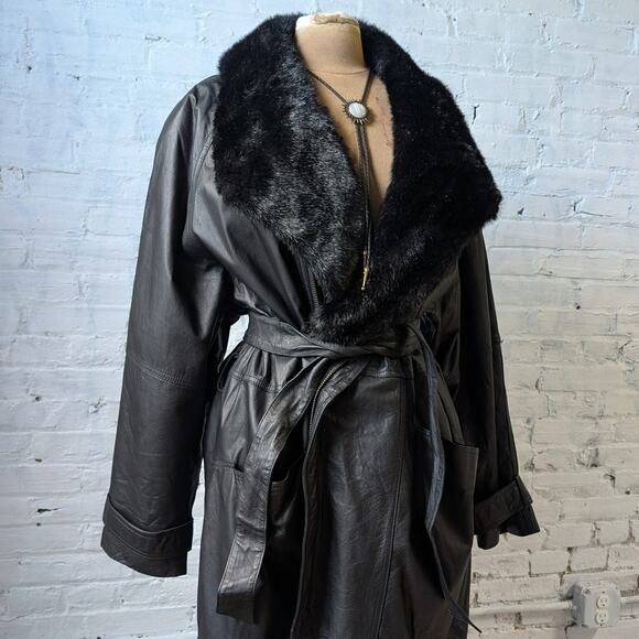 Vintage Black Leather Penny Lane Coat Faux Fur Trench Minimalist Goth Jacket - Picture 8 of 12